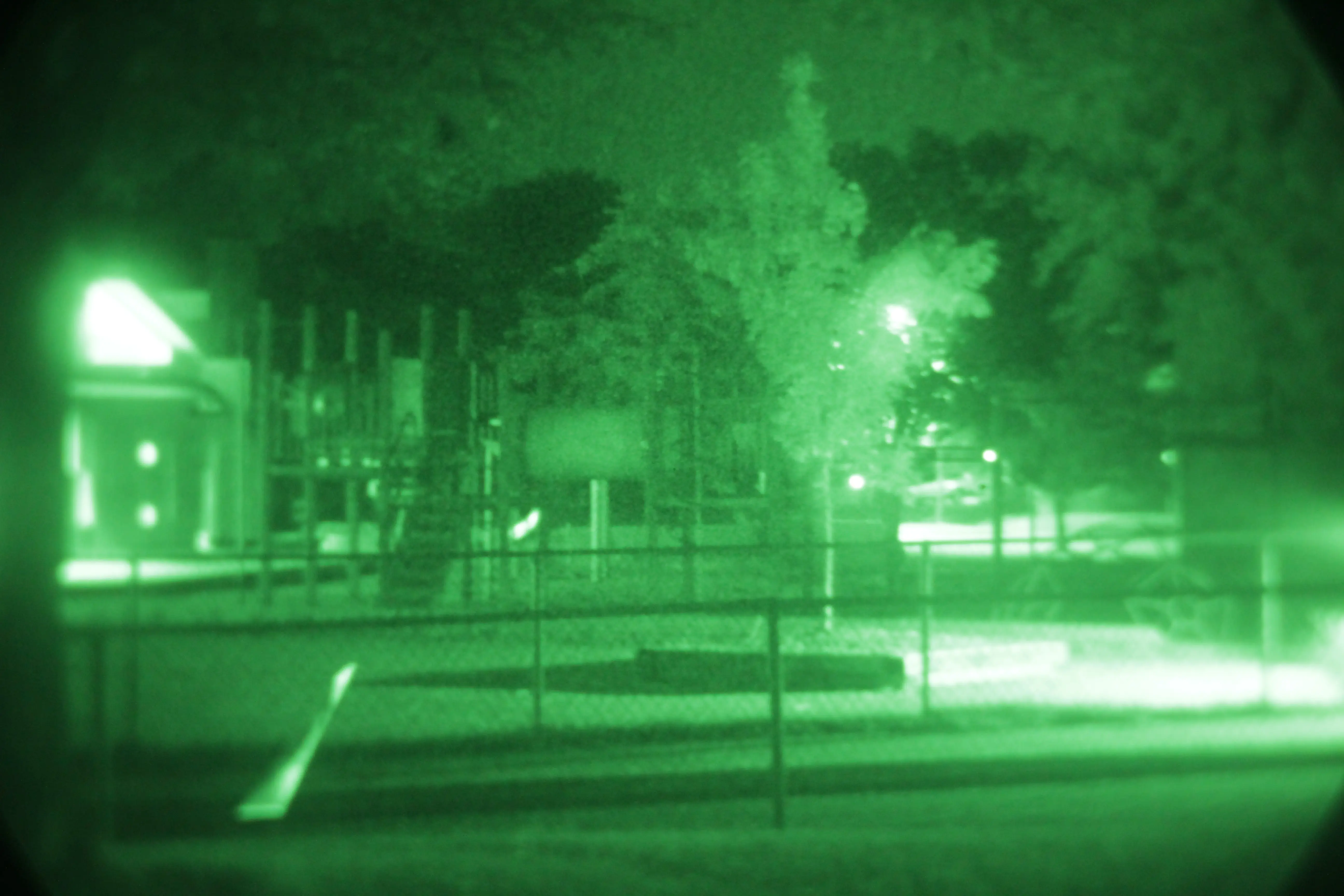 image of a park taken at night with night vision enhancement, everything in from can be seen